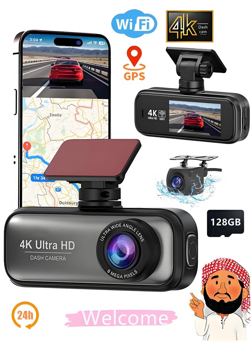 4K Dash Cam with 64GB SD Card for Car 3840*2160P Dual Lens Support 1080P Rear Camera, G-Sensor, Loop Recording, WIFI GPS 24H Parking Monitoring, Night Vision - Image 1